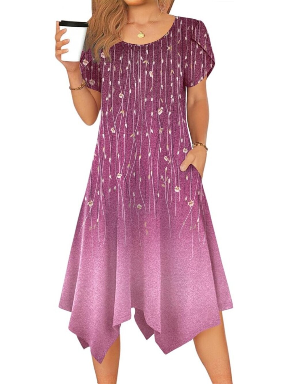 Women's Purple Flare Midi Sundress Short Sleeve Pockets Loose Flowy Beach Dress
